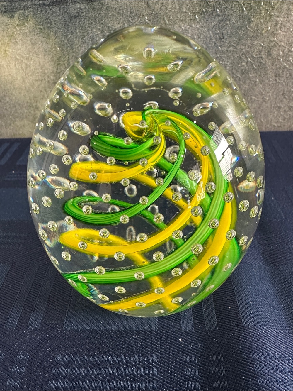 Vintage Clear Glass Sculpture with Green and Yellow Ribbon Swirls